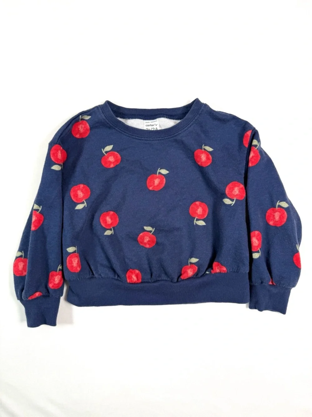 CARTERS Girls Apple Print Sweatshirt 2T‎ Navy Red Fruit Cozy Cottagecore Preppy